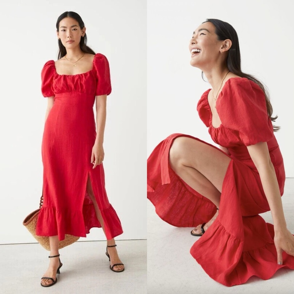 & OTHER STORIES Puff Sleeve Linen Midi Dress in Red | Size 2 | NWOT